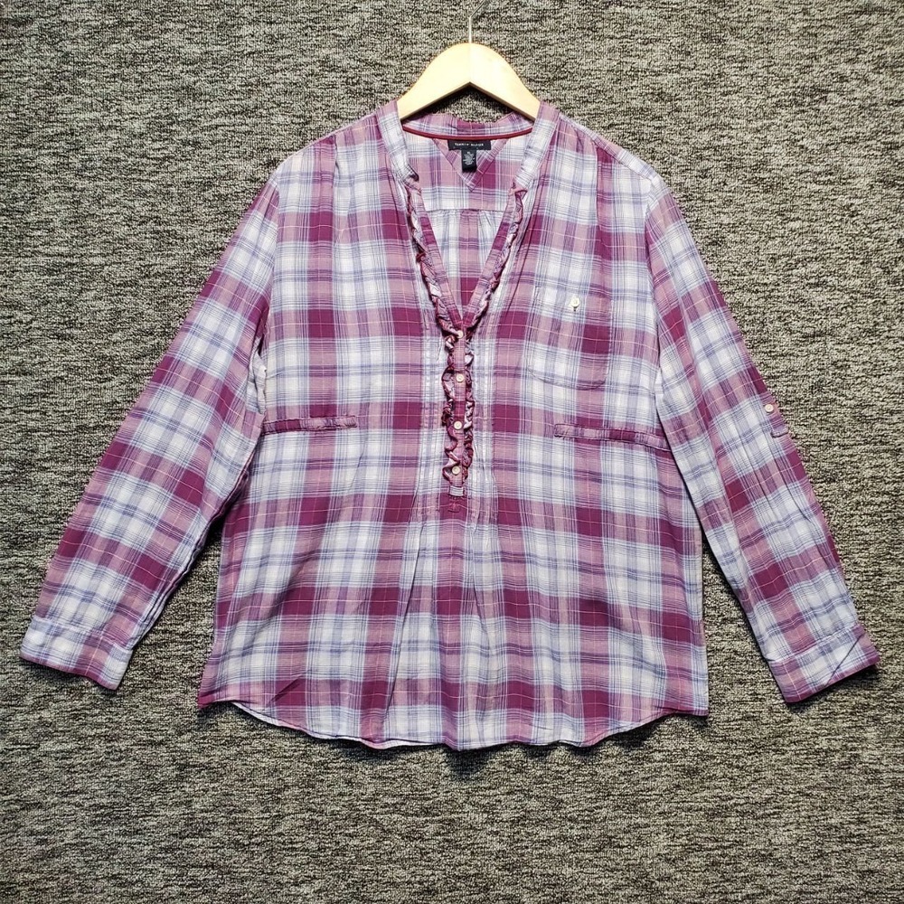 Tommy Hilfiger Plaid Henley Shirt Womens XL Purple Ruffle Roll Tab Sleeve Cotton